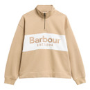 Front view of the Barbour women's beige quarter zip sweatshirt with a quarter zip fastening, oversized fit and embroidered Barbour EST.1894 logo panel.