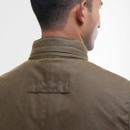 Rear close-up of the Barbour Corbridge men's beech wax jacket highlighting the stand collar and embossed Barbour logo patch.