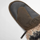 Close-up of brown Barbour mitt showing a black leather palm panel, soft fabric construction and faux-fur cuff.