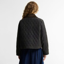 Back view of the Barbour Icons Spey women's olive wax jacket featuring a quilted cropped design, tartan sleeves and waxed cotton finish.