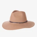 Front view of the Barbour women's beige felt fedora hat with a wide brim and braided leather band.