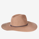 Side view of the Barbour women's beige felt fedora hat with a wide brim and braided leather band.
