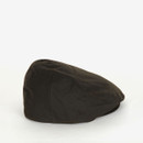 Opposite side view of the Barbour men's olive wax flat cap highlighting the classic tailored panels and weatherproof waxed cotton finish.