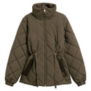 Barbour women's olive green quilted jacket with a funnel neck, adjustable drawstring waist, detachable zip-off sleeves and diamond quilted design.