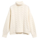 Front view of the Barbour women's cream cable knit roll neck jumper with a chunky roll neck, long sleeves and classic cable knit design.