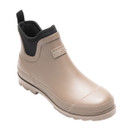 Three-quarter front view of a taupe waterproof ankle wellington boot with black neoprene collar, durable rubber construction and deep tread sole.