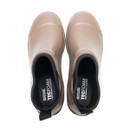 Top-down view of a pair of taupe waterproof ankle wellington boots with black neoprene collars and cushioned comfort footbeds.
