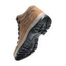 Underside view of a brown waterproof hiking boot highlighting the deep-tread rubber outsole for enhanced traction on uneven and slippery terrain.