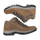Pair of brown waterproof leather hiking boots displayed from side profiles, featuring padded ankle collars, metal lace hooks, durable stitching and rugged rubber outsoles.