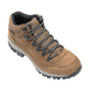 Angled front view of a brown waterproof hiking boot with padded collar, metal eyelets, robust hiking laces and a grippy rubber sole for outdoor performance.