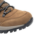 Close-up of the brown leather hiking boot toe box, showing premium leather finish, reinforced stitching and protective rubber toe bumper.