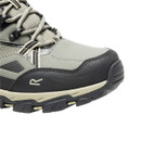 Close-up of the reinforced toe cap and forefoot on a grey waterproof hiking shoe, highlighting durable abrasion-resistant protection and sturdy construction.