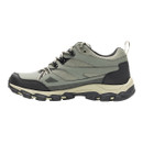 Inner side profile of a grey waterproof hiking shoe with waterproof upper, reinforced overlays and rugged grip outsole for outdoor use.