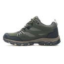 Outer side profile of an olive green waterproof hiking shoe featuring waterproof construction, supportive low-cut design and durable traction sole.