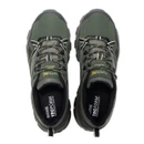 Top-down view of a pair of olive green waterproof hiking shoes showing padded collars, cushioned interiors and secure speed-lace system.