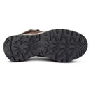 Sole view of a brown hiking boot showing the aggressive rubber tread pattern designed for enhanced grip, traction and stability on outdoor terrain.