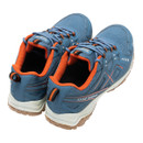Rear angled view of a pair of blue waterproof walking shoes highlighting heel pull tabs, supportive heel counters and rugged grip outsoles.