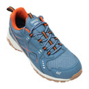 Angled front view of a blue waterproof walking shoe featuring breathable mesh panels, cushioned sole, secure lace system and rugged trail tread.