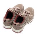 Rear three-quarter view of a pair of beige and burgundy walking shoes showing heel pull tabs, padded collars, breathable mesh construction and supportive heel design.