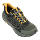 Angled front view of a men's olive green waterproof hiking shoe with black patterned upper, mustard yellow lining, durable laces and reinforced toe protection.