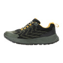 Inner side profile of a men's olive green waterproof walking shoe featuring waterproof construction, protective toe bumper and cushioned trail-ready sole.