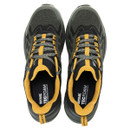 Top-down view of men's olive green waterproof hiking shoes with grey hiking laces, mustard yellow lining and cushioned footbeds.