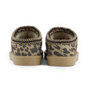 Rear view of a pair of leopard print mule slippers with soft faux fur lining, decorative stitched trim and durable lightweight soles.
