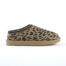 Side profile of a leopard print mule slipper with cosy faux fur lining, decorative trim and durable lightweight outsole.