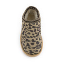 Top view of a leopard print mule slipper featuring a plush faux fur lining, slip-on design and decorative stitched collar.
