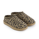 Angled front view of a pair of leopard print mule slippers with soft faux fur lining, slip-on styling and lightweight comfort sole.
