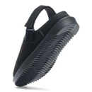 Underside view of a black adjustable slingback mule slipper showing the textured wave-pattern outsole for reliable grip.