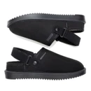 Side profile of a pair of black adjustable slingback mule slippers showing the adjustable heel strap, faux suede upper and lightweight sole.