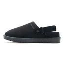 Side view of a black adjustable slingback mule slipper featuring an adjustable heel strap, soft faux suede upper and durable lightweight outsole.
