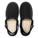 Top view of black adjustable slingback mule slippers featuring soft faux fur lining, adjustable heel straps and a cosy slip-on design.