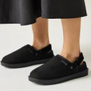 Black adjustable slingback mule slippers worn with a black midi skirt, showcasing a cosy slip-on design for casual everyday comfort.
