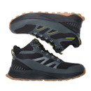 Pair of grey and black waterproof hiking shoes displayed in side profile, showing lightweight construction, yellow lace detailing and rugged trail outsoles.