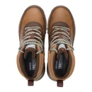 Top-down view of brown waterproof women's hiking boots with padded ankle collars, leopard-print side panels, durable hiking laces and rugged grip soles.