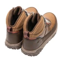 Rear three-quarter view of a pair of brown women's waterproof hiking boots, highlighting the padded collars, heel pull loops, leopard-print side panels and rugged hiking soles.