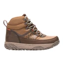 Side profile of a brown women's waterproof hiking boot with leopard-print accents, padded ankle collar and rugged all-terrain outsole.