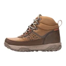 Side profile of a brown women's waterproof hiking boot with leopard-print side panel, cushioned ankle support, hiking laces and rugged traction sole.