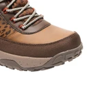 Close-up of the toe and sole of a brown waterproof hiking boot, highlighting the protective toe bumper, textured rand, leopard-print panel and durable grip outsole.