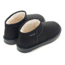Rear three-quarter view of a pair of black waterproof ankle boots with plush faux fur lining, stitched detailing and durable rubber soles.