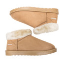 Pair of tan Regatta waterproof ankle boots with faux suede uppers, faux fur lining and rugged rubber soles displayed on a white background.