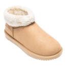 Three-quarter front view of tan Regatta waterproof faux suede ankle boot with cosy faux fur cuff and slip-on design.