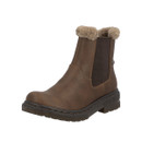 Three-quarter front view of a brown Chelsea ankle boot with rounded toe, faux fur trim, elastic side panel and chunky sole.