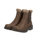 Pair of brown Chelsea ankle boots with faux fur collar, elastic side panels, inside zip fastening and durable chunky tread soles.