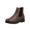 Three-quarter front view of a chestnut brown Chelsea ankle boot with a rounded toe, black elastic side panel and chunky lug sole.