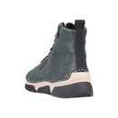 Rear three-quarter view of a forest green leather ankle boot with heel pull tab, embossed logo and chunky contrast sole.