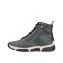 Side profile of a forest green leather lace-up ankle boot with side zip fastening, contrast sole and pull tab.