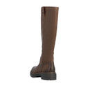 Rear three-quarter view of a tan leather knee-high boot with pull tab detail, stitched panels and chunky tread sole.